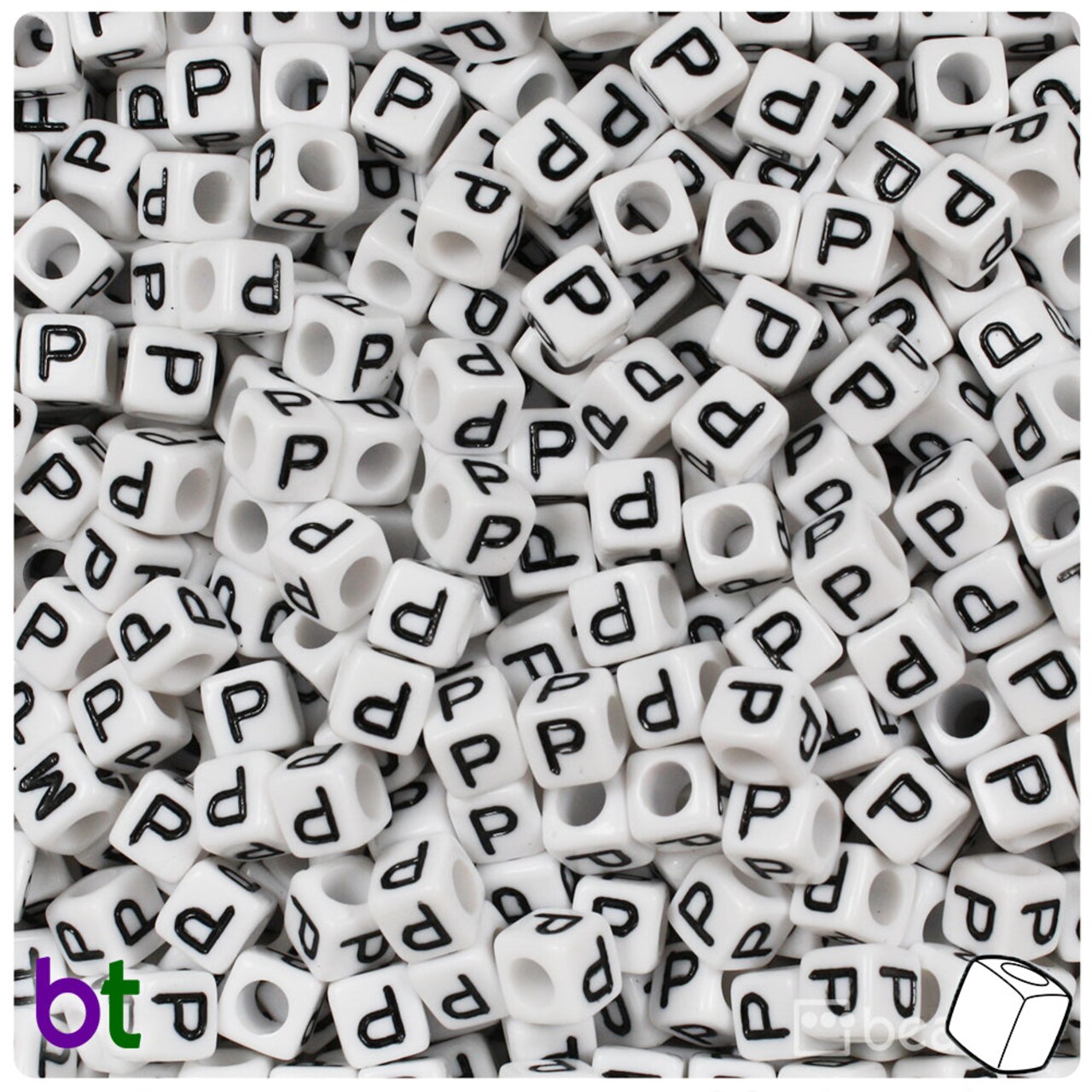 BeadTin White Opaque 6mm Cube Plastic Alpha Beads - Black Letter P (80pcs)